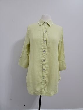 Boho Chic Top Linen Yellow Button up 3/4 Sleeves Back Detail Cozycore Large